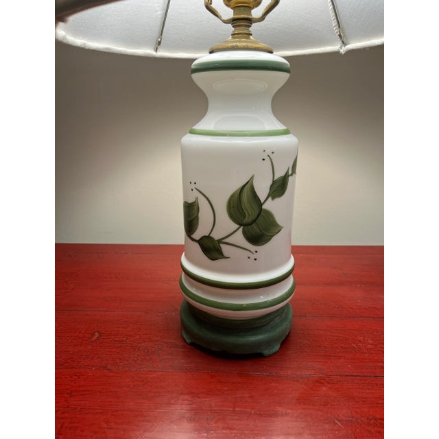 White Milk Glass Table Lamp With Green Hand Painted Leaves Late 20th Century For Sale - Image 4 of 11