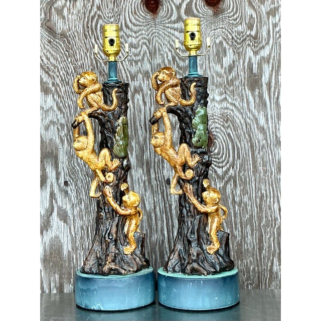 Coffee Vintage Boho Glazed Ceramic Monkey Tree Lamps - a Pair For Sale - Image 8 of 11