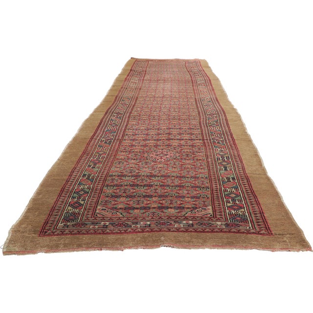 Rustic Antique Persian Malayer Camel Hair Rug, 03'08 X 13'06 For Sale - Image 3 of 10