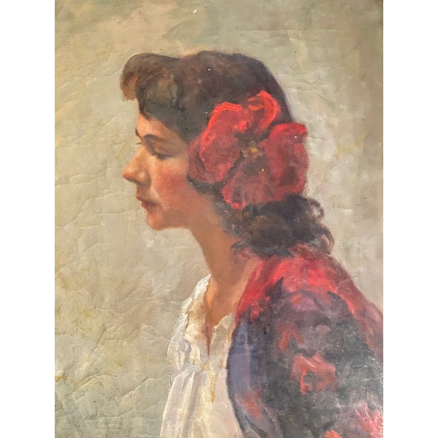 Antique Oil on Canvas Portrait Painting of Beautiful Woman With Hibiscus Flower in Her Hair, Signed Vera Martin Circa 1920’s For Sale - Image 11 of 12