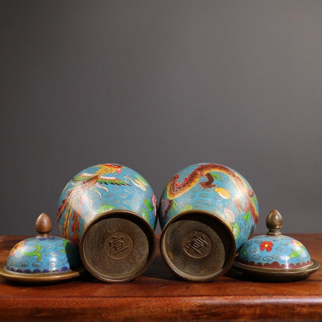 Pair of Vintage Chinese Cloisonné "Dragon & Phoenix" Ginger Jars - 2495g For Sale - Image 9 of 9