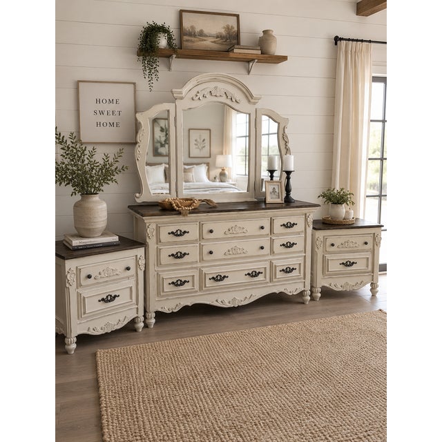 A beautifully hand-refinished bedroom collection featuring a substantial nine-drawer dresser, two matching nightstands,...
