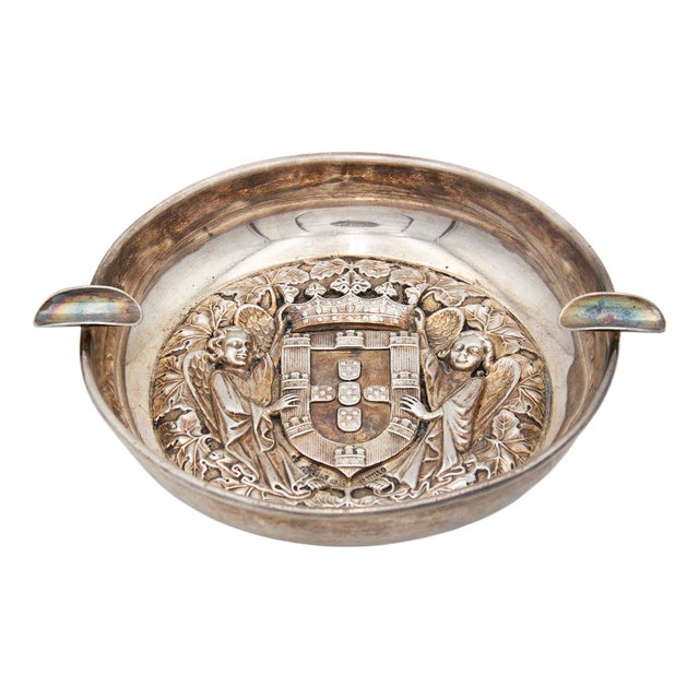 Circular Silver Ashtray with Two Cigarette Holders For Sale
