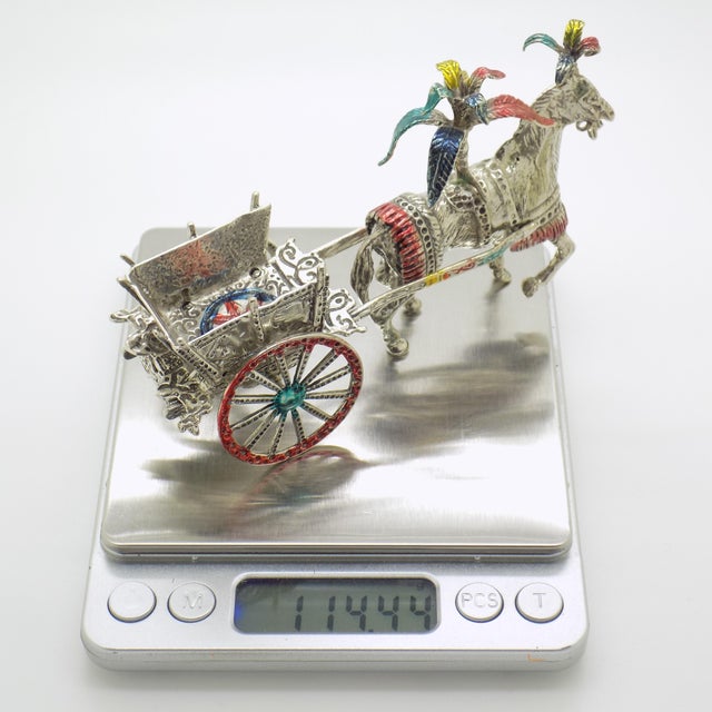 Large Vintage Italian Handmade Silver Carretto Siciliano Carriage with Enameled Parts, Sicily, 1980s For Sale - Image 10 of 13