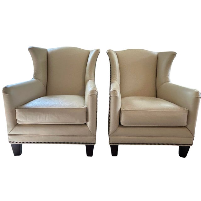Pair Vintage Henredon Wingback Chairs – Ivory Leather, Geometric Pattern, Nailhead Trim For Sale - Image 13 of 18