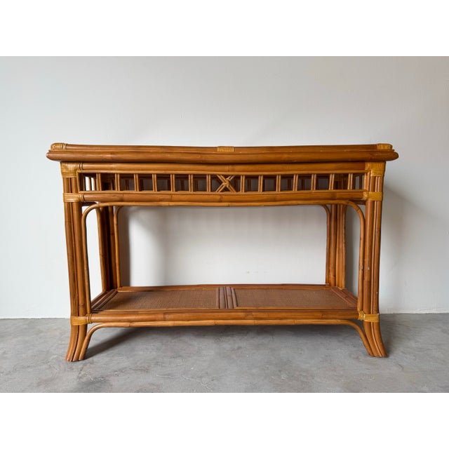 Mid-Century Modern Vintage Coastal Rattan & Leather Two-Tier Console Table/ Sold For Sale - Image 3 of 12