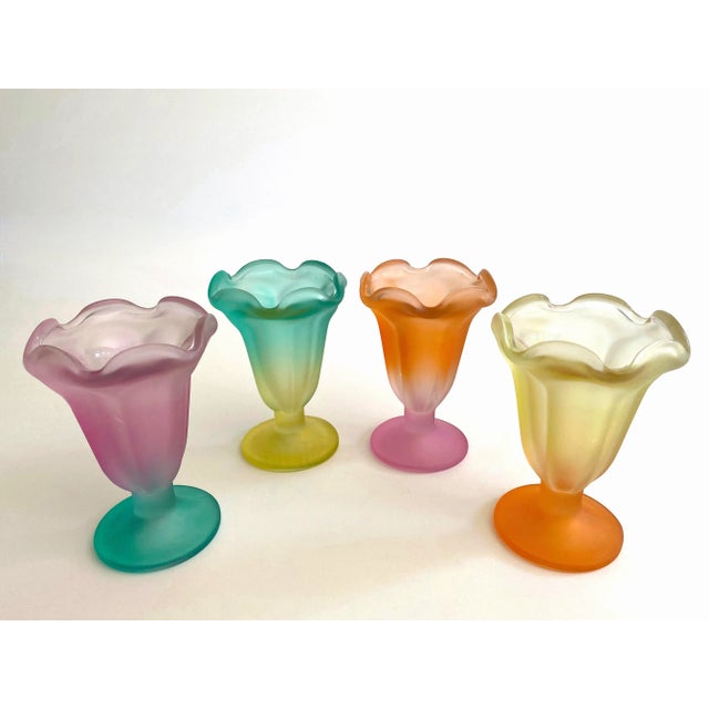 Various Artists Vintage Mid Century Modern Frosted Glass Multicolor Pastel Parfait Tulip Dessert Cups - Set of 4 For Sale - Image 4 of 13