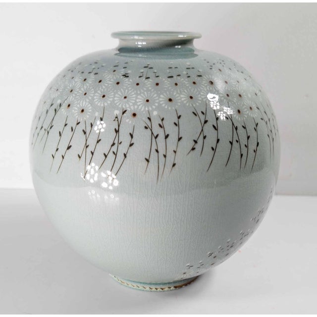 Mid 20th Century Mid-Century Modern Korean Celadon Vase With Parade of Flowers, Signed For Sale - Image 5 of 13