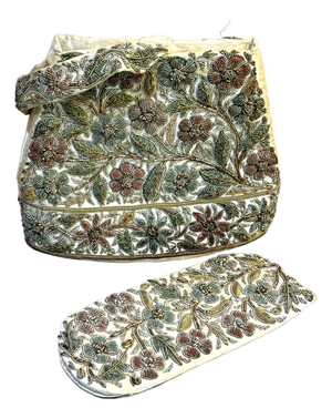 Cream Silk Beaded 1920s-30s Evening Purse W/ Matching Glasses Case