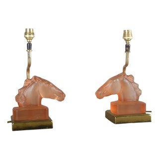 Satin Glass Horse Table Lamps by Le Dauphin, France, 1970s, Set of 2 For Sale