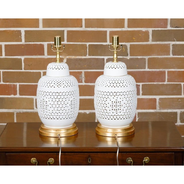 Asian 1920s White Porcelain Asian Vases with Geometric Décor Made into Table Lamps - a Pair For Sale - Image 3 of 9