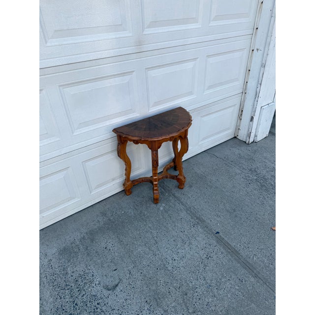 French Vintage French Louis XV Style Demilune Console Table With Inlaid Fan Top & Carved Cabriole Legs For Sale - Image 3 of 12