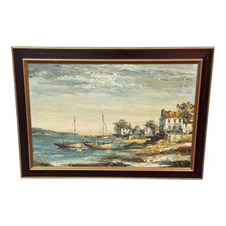 J. Clement Coastal Harbor Oil Painting, Vintage For Sale