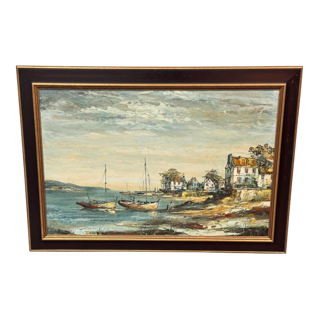 J. Clement Coastal Harbor Oil Painting, Vintage For Sale