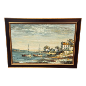 J. Clement Coastal Harbor Oil Painting, Vintage