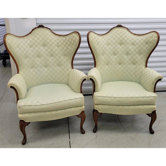 Pair of Mid-Century French Louis XV–Style Carved Walnut Wingback Chairs For Sale - Image 13 of 13