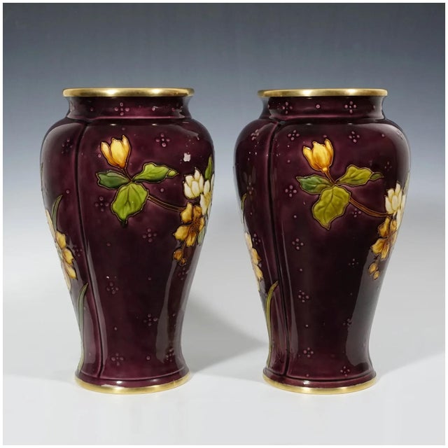 Pair of Large Antique French Sevres Optat Milet Ceramic Vases Art Nouveau Flowers Purple Ground For Sale - Image 4 of 12