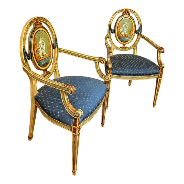 Pair of Vintage Neoclassical Painted & Gilt Louis XVI Style Armchairs With Hand-Painted Medallion Backs For Sale
