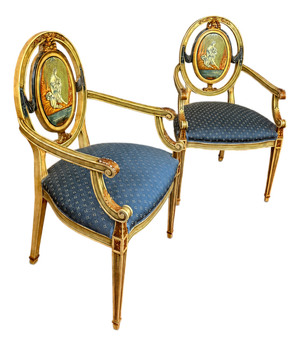 Pair of Vintage Neoclassical Painted & Gilt Louis XVI Style Armchairs With Hand-Painted Medallion Backs