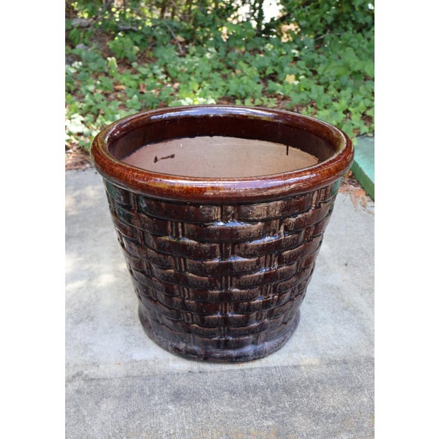 Ceramic Large Vintage Basketweave Flower Pot Planter Brown Glazed Terracotta For Sale - Image 7 of 8
