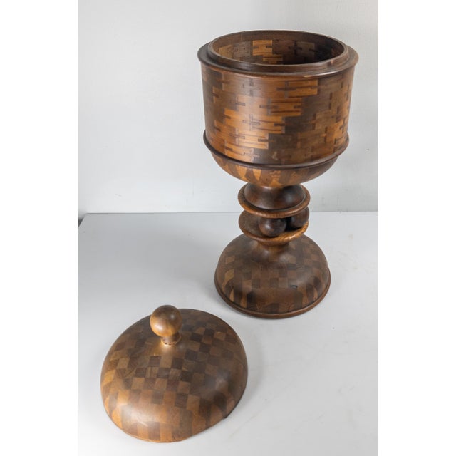 Brown Early 20th Century Folk Art Parquetry Turned Wood Centerpiece Chalice For Sale - Image 8 of 18