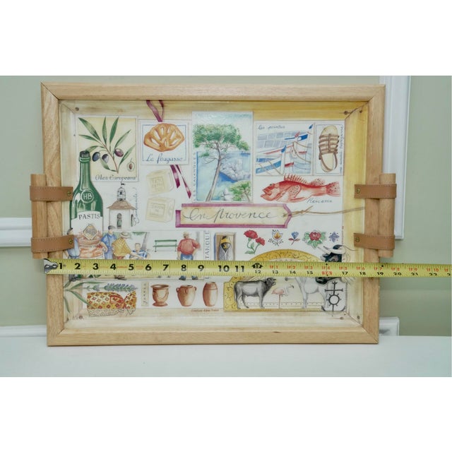 French “En Provence” Serving Tray by Alpac — Wood Frame & Leather Handles, Made in France For Sale - Image 4 of 5