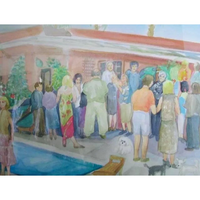 Bright, colorful, festive, original vintage watercolor of an outdoor pool party of The Palm Springs Hysterical Society....