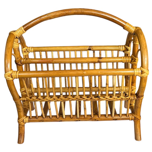 Hollywood Regency 1970s Large Mid-Century Bamboo Bentwood Rattan and Leather Magazine Rack For Sale - Image 3 of 9