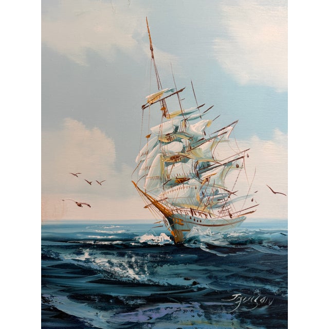 Late 20th Century Late 20th Century Listed Artist Hewett Jackson Original Oil Painting | Tall Ship Seascape | Framed For Sale - Image 5 of 13