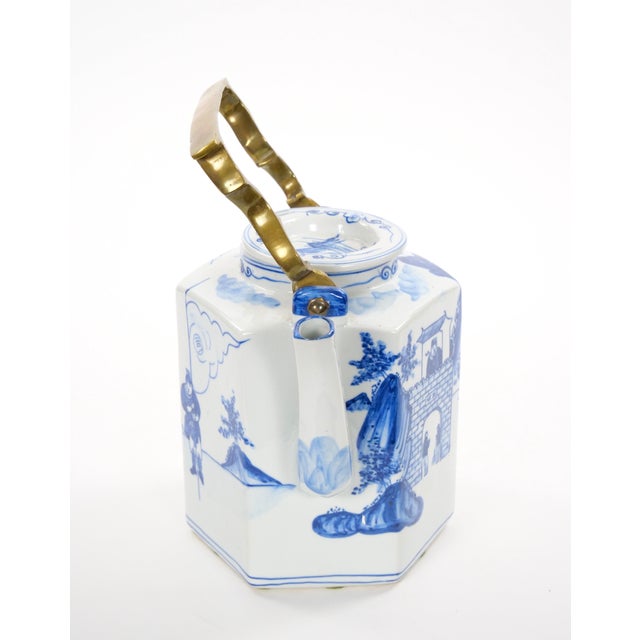 Antique Oversized Blue and White Chinoiserie Porcelain Tea or Coffee Pot For Sale - Image 4 of 10
