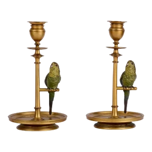 1900s Budgie Parakeet Cold Painted Bronze Candle Holders- a Pair