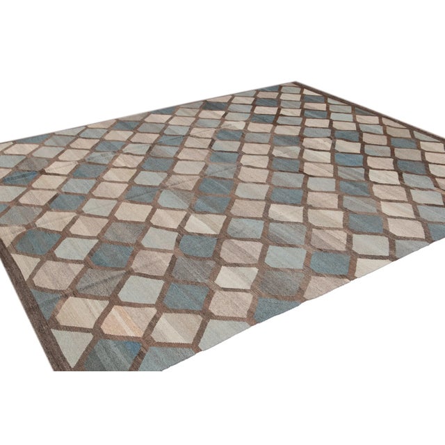 Handcrafted Wool Kilim Rug Featuring a Blue Geometric Design For Sale In New York - Image 6 of 13