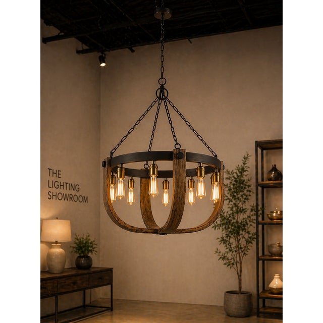 2010s Apulia Rustic Wood & Iron Chandelier, 30" Round, 8-Light Industrial Farmhouse For Sale - Image 5 of 5