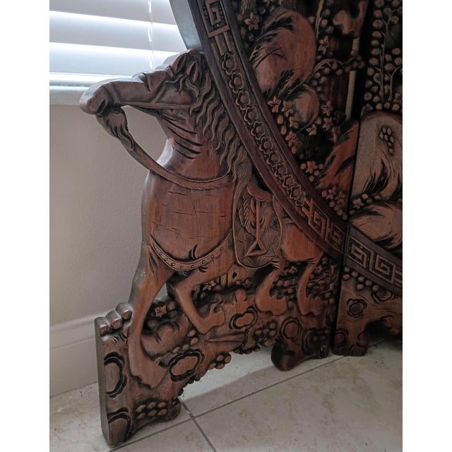 1930s Chinese Ornate Large Round Carved Teak Wood Equestrian Screen Divider For Sale - Image 15 of 18