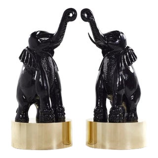 Mid Century Large Brass Base Elephant Sculptures - Pair For Sale