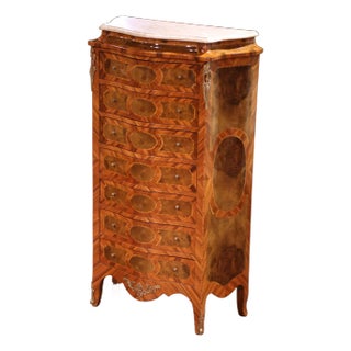 Mid-Century French Louis XV Marble Top Marquetry Bombe Seven-Drawer Semainier For Sale
