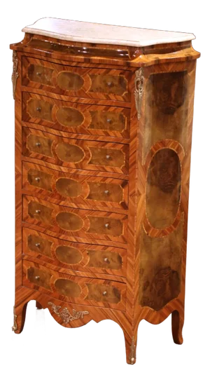 Mid-Century French Louis XV Marble Top Marquetry Bombe Seven-Drawer Semainier