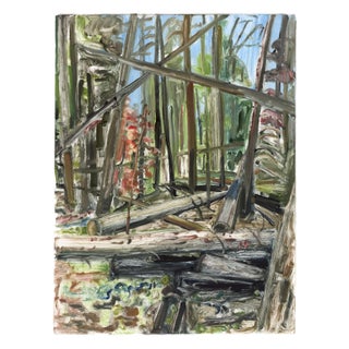 Green Growth by Ivy Hickam | Monotype Depiction of trees and fallen logs in a forest setting For Sale