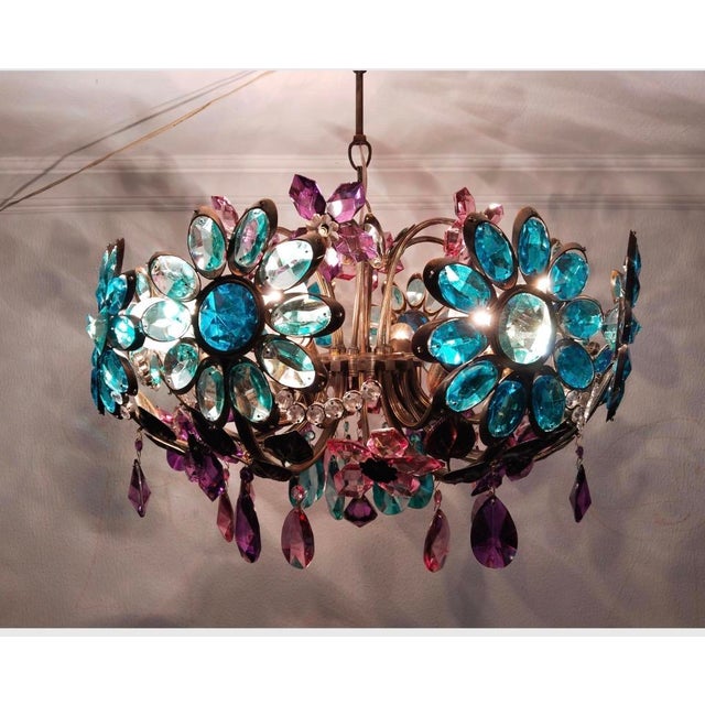 1960s Large Vintage Chandelier Crystal Antique Different Daisy Colourful Hand Painted 8 Lamps Bohemian Light For Sale - Image 5 of 10