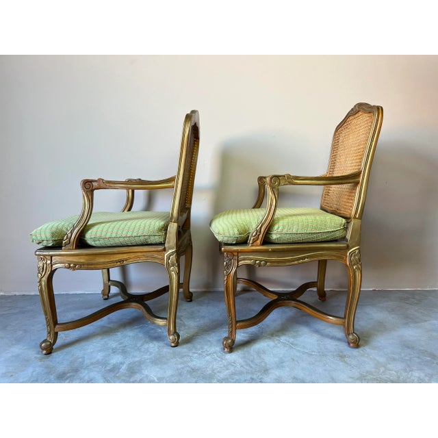 Hollywood Regency French Louis XV - Style Cane Back & Seat Armchairs - a Pair For Sale - Image 4 of 12