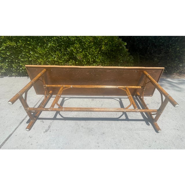 Camel Authentic McGuire Vintage Rattan Console Table, Refinished Herringbone Wood Top For Sale - Image 8 of 9