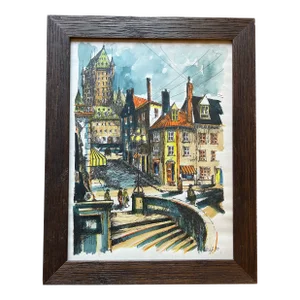 Vintage 1970’s Hand Colored Lithograph of Quebec Canada Cityscape