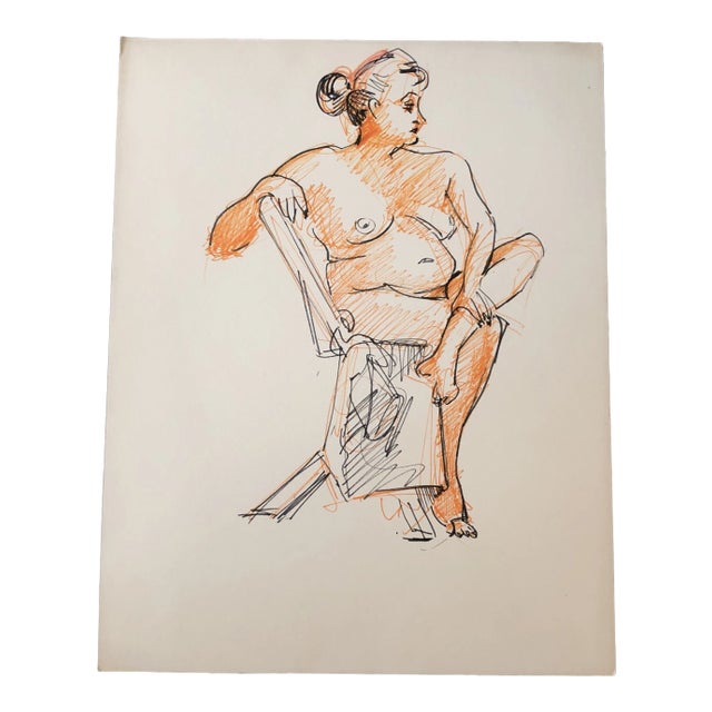 Original Female Nude Orange & Black Ink Study Drawing For Sale