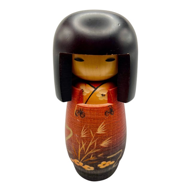 Vintage Sosaku Kokeshi Doll in Red Kimono With Floral Kimono For Sale