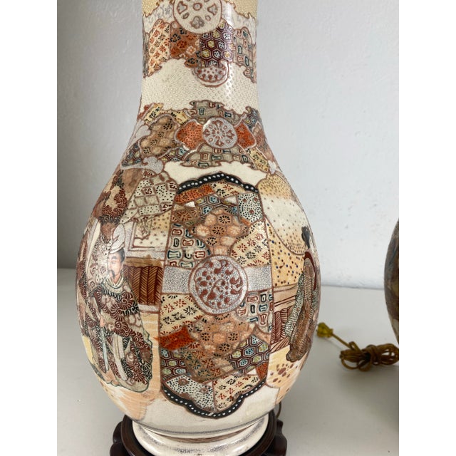 Wood Vintage Hand Painted Large Satsuma Table Lamps. For Sale - Image 7 of 10