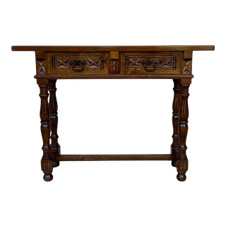 20th Century Spanish Tuscan Console Table With Two Drawers and Turned Legs For Sale