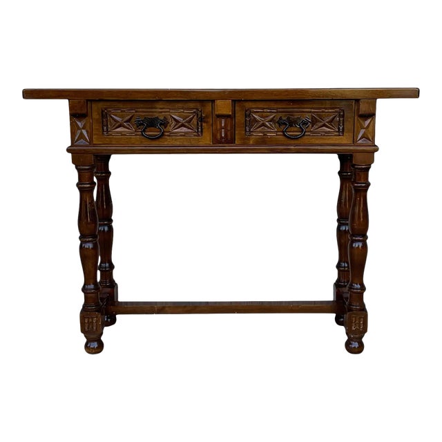 20th Century Spanish Tuscan Console Table With Two Drawers and Turned Legs For Sale