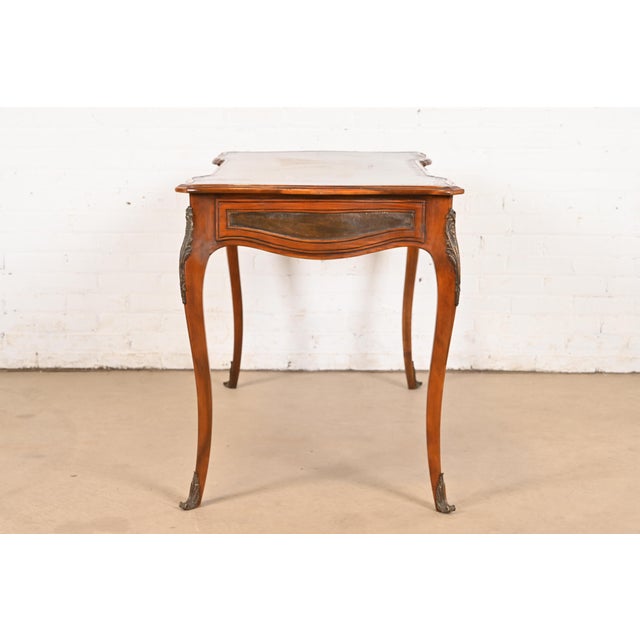 Theodore Alexander French Louis XV Walnut Bureau Plat Leather Top Desk With Mounted Bronze Ormolu For Sale - Image 10 of 12