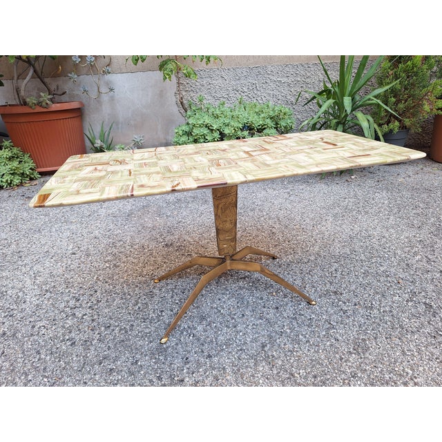 Brass Coffee Table with Rectangular Brown Marble Top, 1950s, in Very Good conditions. Designed 1950 to 1959