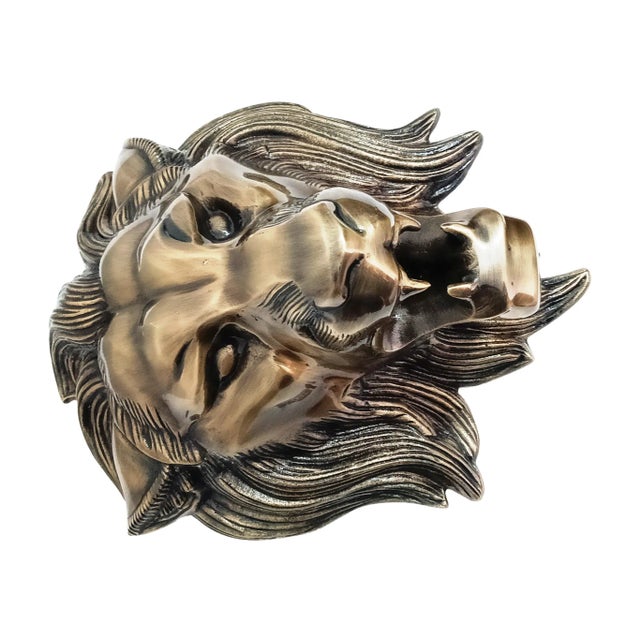 Antique Brass Finish Metal Lion Head Wall Sculptures For Sale - Image 9 of 9